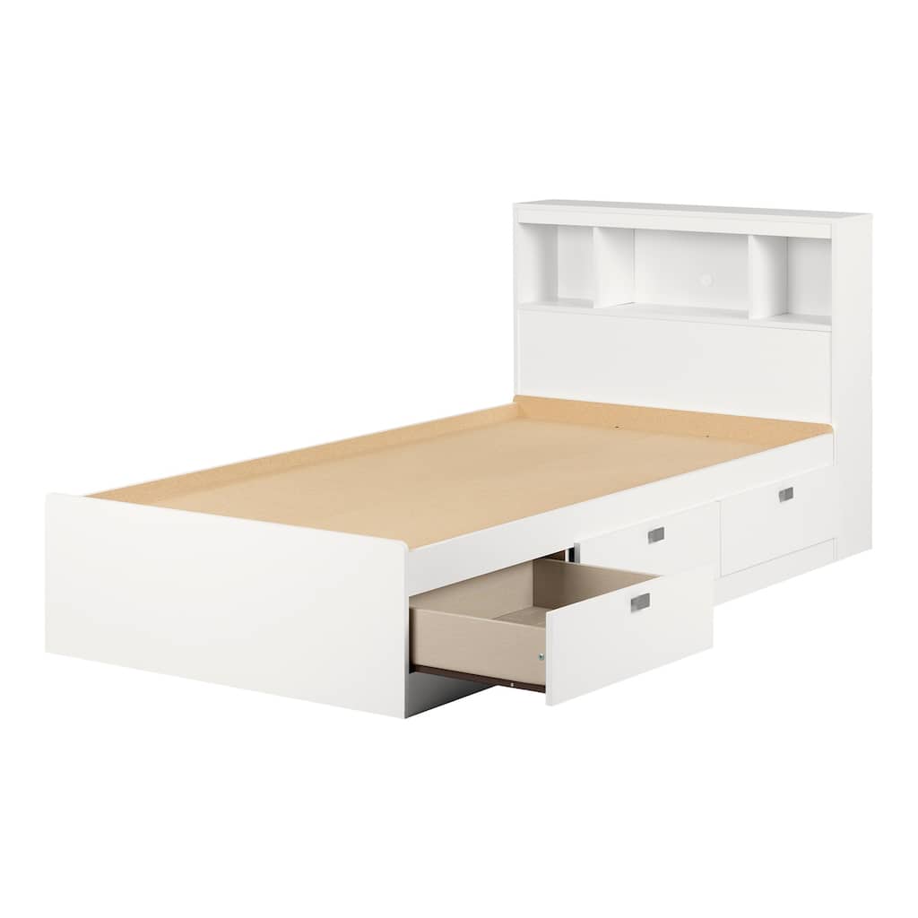 Twin Bed with Bookcase Headboard and Storage Drawers, Pure White Finish, Space-Saving and Functional Design