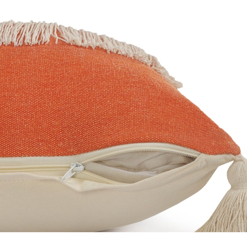 20" Orange and White Fringe Color Block Square Throw Pillow
