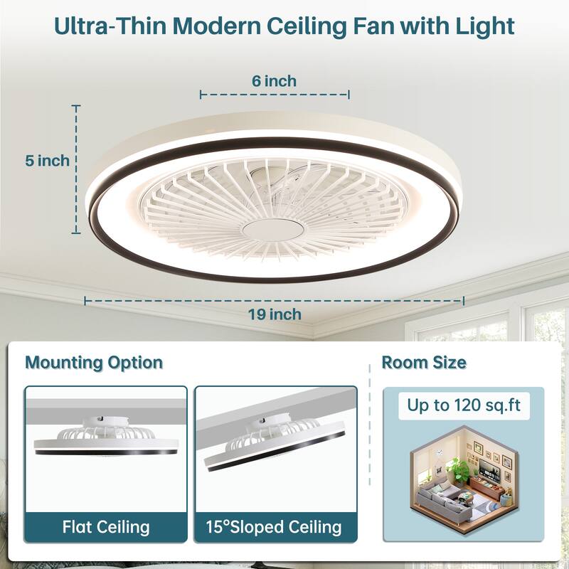 19 Inch RGB Dimmable Led Enclosed Ceiling Fan with Light Flush Mount Bladeless 6 Speed Remote Control for Bedroom Party - White