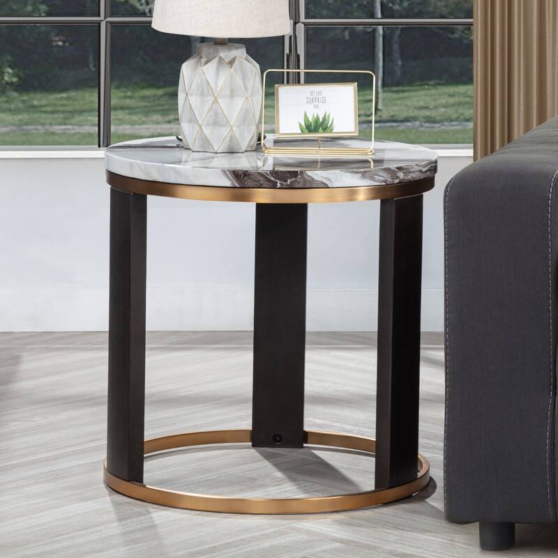 Best Master Furniture Aldora Icelandic Ivory Marble End Table with Espresso Wood Base and Gold Sled Trim