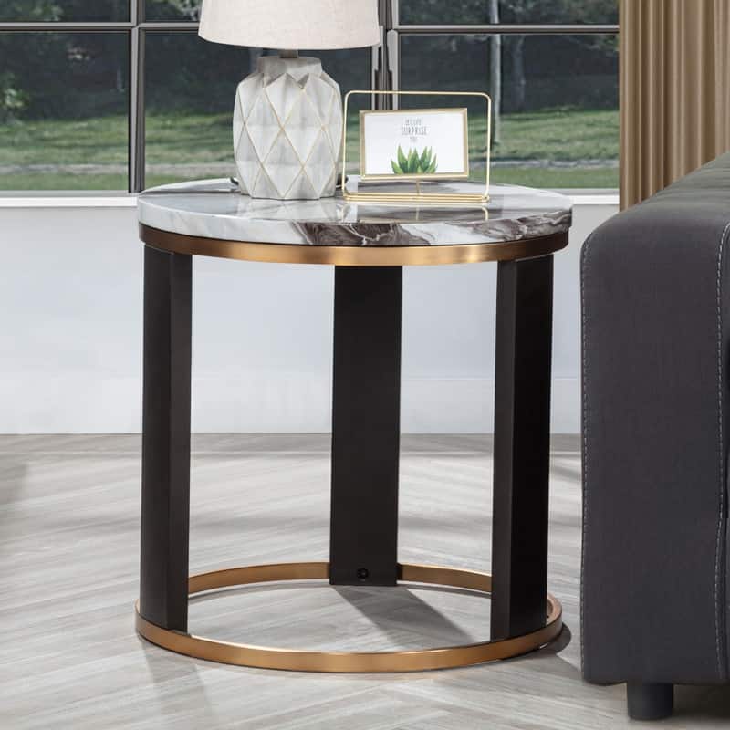 Best Master Furniture Aldora Icelandic Ivory Marble End Table with Espresso Wood Base and Gold Sled Trim