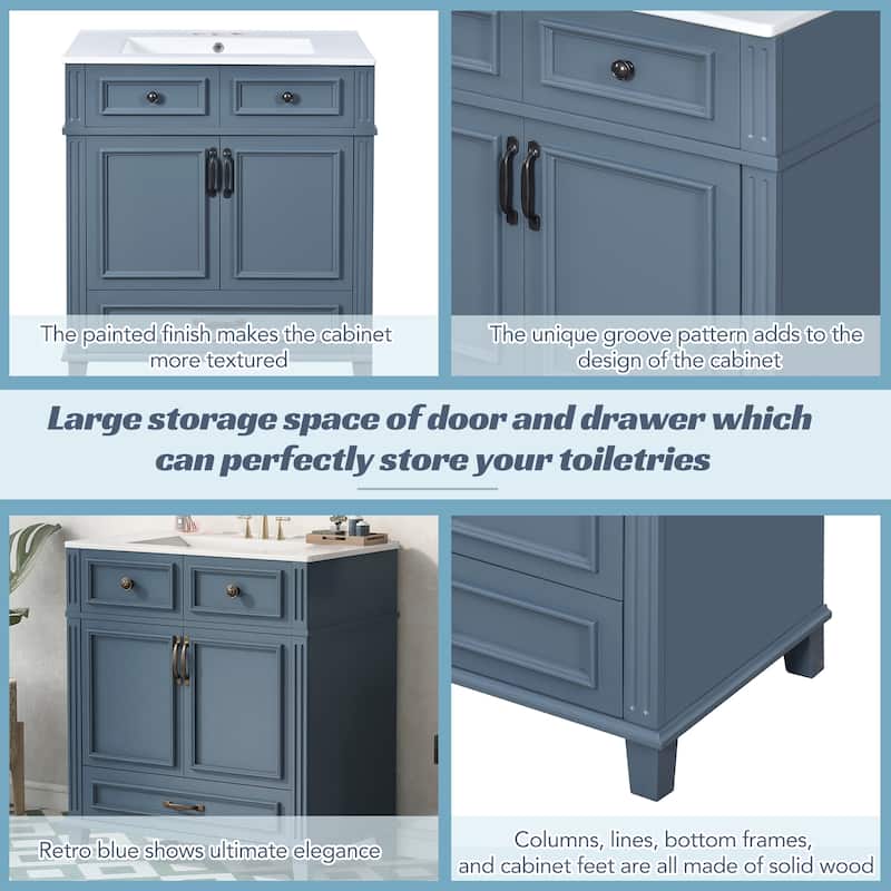 30'' Bathroom Vanity with Ceramic Sink,Solid Wood Frame Bathroom Storage Cabinet with Soft Closing Doors,Retro Style, Blue