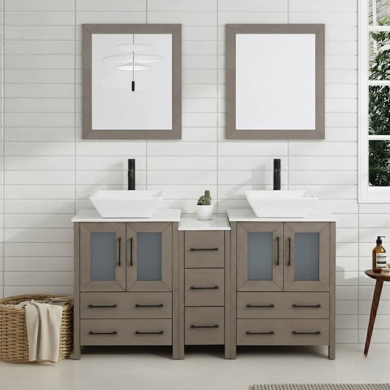 Vanity Art 60" Double Sink Bathroom Vanity Set with Engineered Marble Top and Free Mirror - 60 W X 18.5 D X 31.1 H - Driftwood Gray