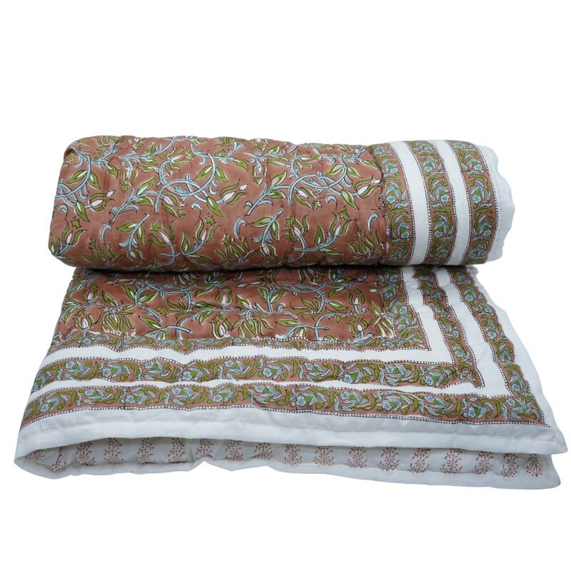 Fabdivine Artisan Handmade 100% Cotton Quilt - Brown Green Floral Block Print, Reversible Bohemian Bedding for Home