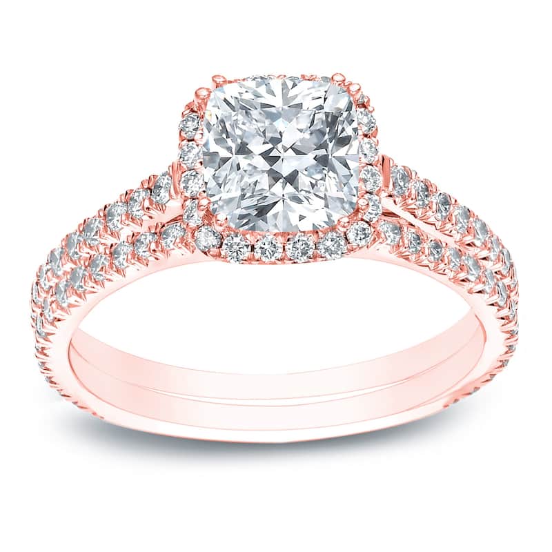 Auriya 2ctw Cushion-cut Halo Diamond Engagement Ring Set 14k Gold Certified - Rose - 4