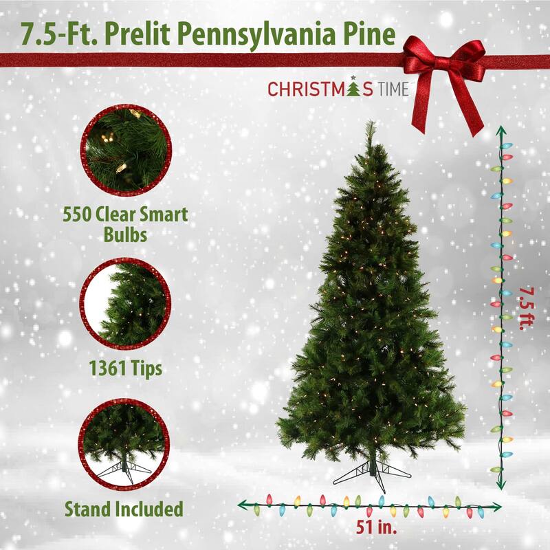 Christmas Time 7.5-Ft. Pennsylvania Pine Artificial Christmas Tree with Clear Smart String Lighting - Green