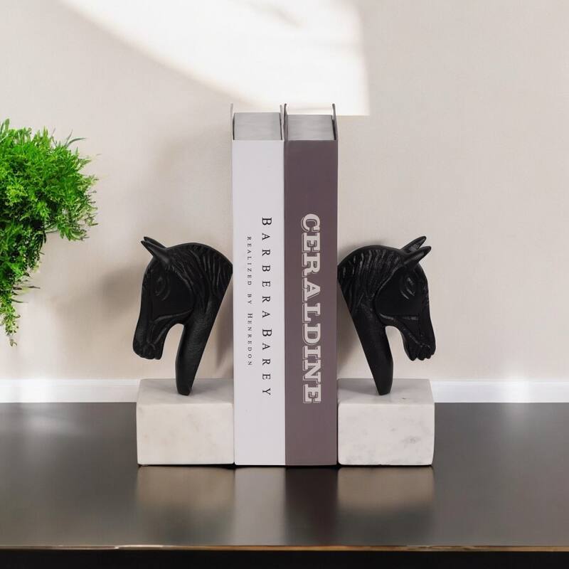 Sagebrook Home Bookends Metal & Marble Sculpted Horse Head Design 3x3x7" Black/White Modern Decor Black White Marble