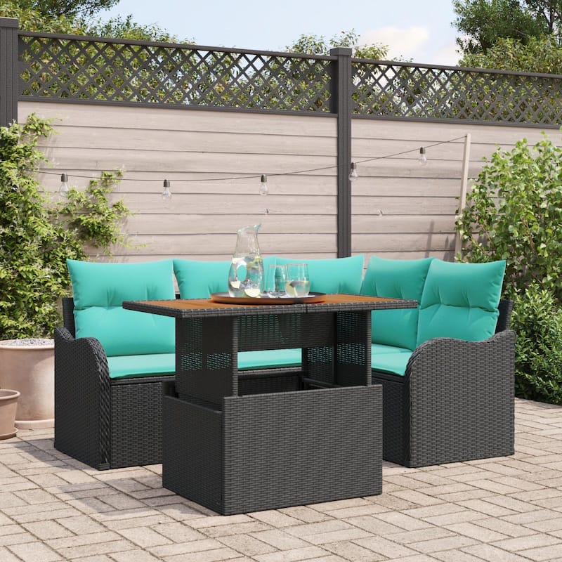 vidaXL 5 Piece Garden Sofa Set with Cushions Black Poly Rattan - 70×48.2×27.2