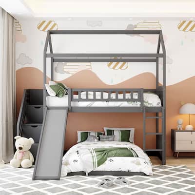 Merax Twin Over Twin Bunk Bed House Bed with Slide