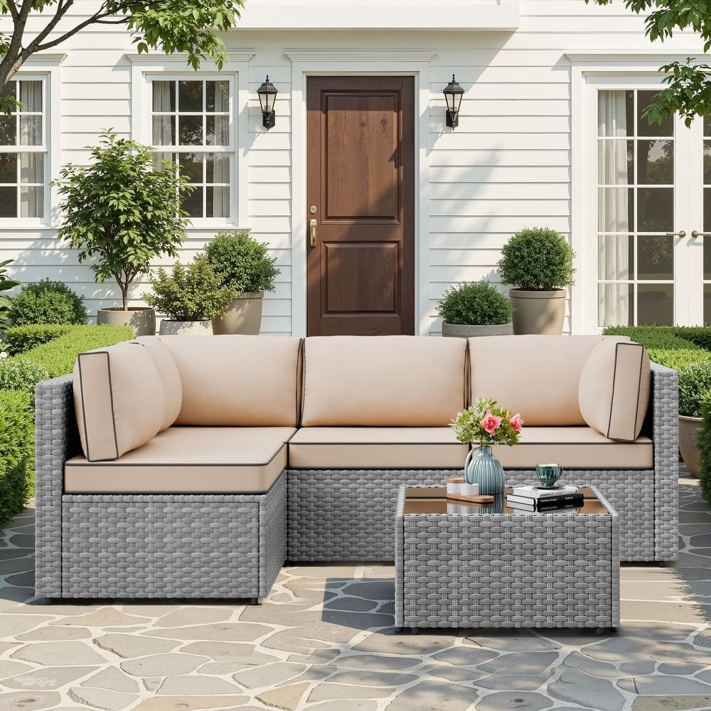Outdoor 5-Piece Wicker Sectional Sofa Patio Conversation Set with Table
