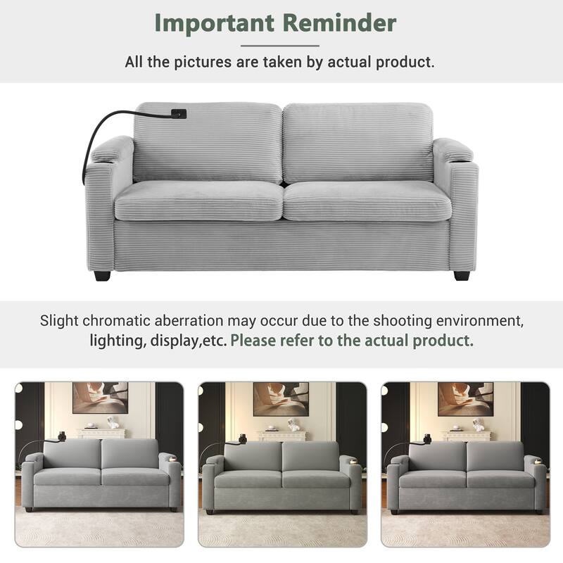 72.8" Corduroy Sleeper Sofa with Full Size Mattress and USB Ports, Loveseat Sofa with Cup Holders and Side Pockets