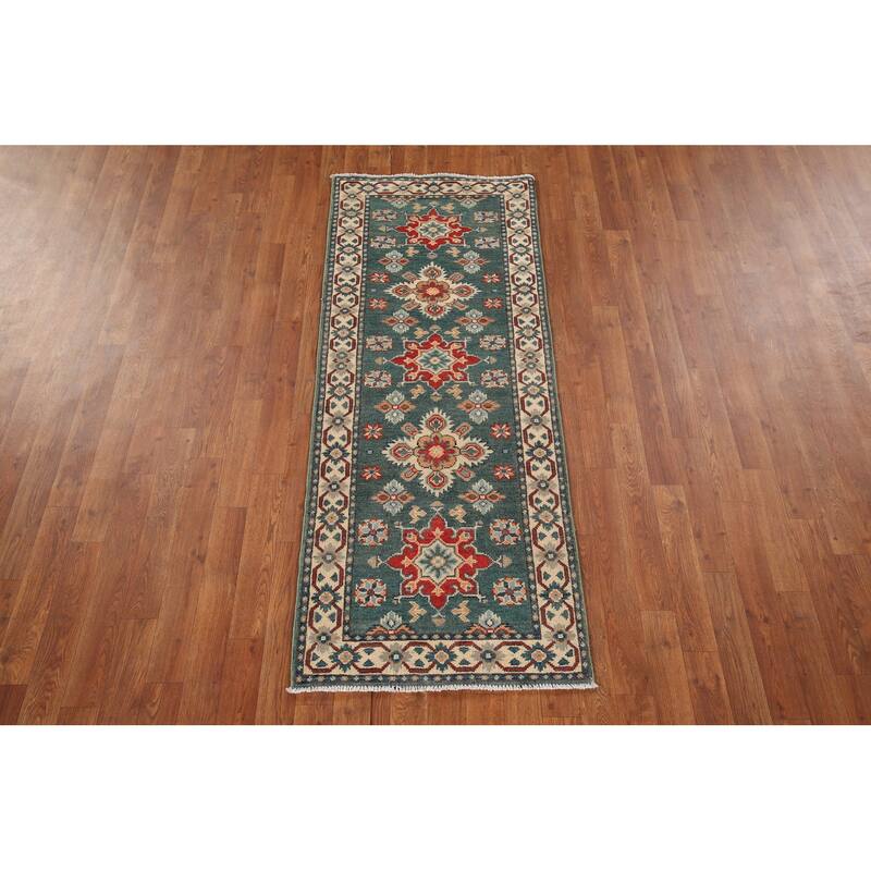 Geometric Green Kazak Oriental Runner Rug Hand-Knotted Wool Carpet - 2'3" x 5'11"