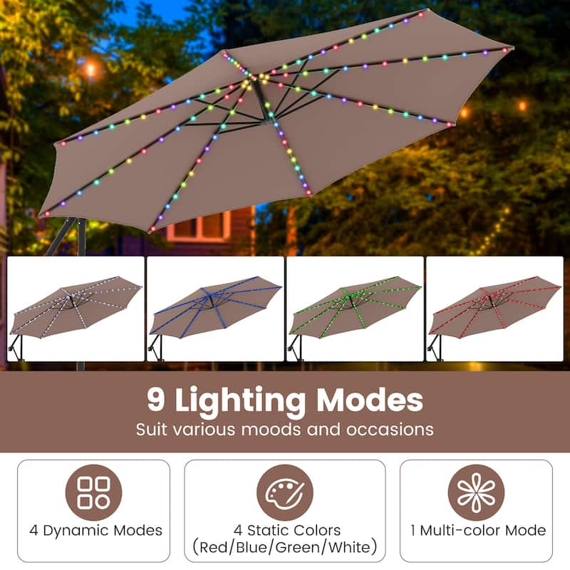 Costway 10 FT Solar Offset Hanging Umbrella with Base Patio Cantilever