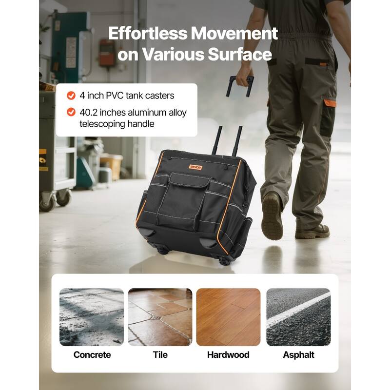 Heavy Duty Rolling Tool Bag with 25 Pockets for Tools and Gear - 15.35 x 11.41 x 16.53 in