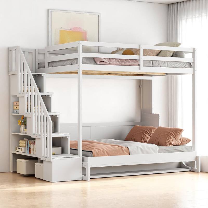 Full Size Wall Murphy Bed with Loft & Bunk Conversion, Hydraulic Lift, Hidden Desk, and Storage Steps