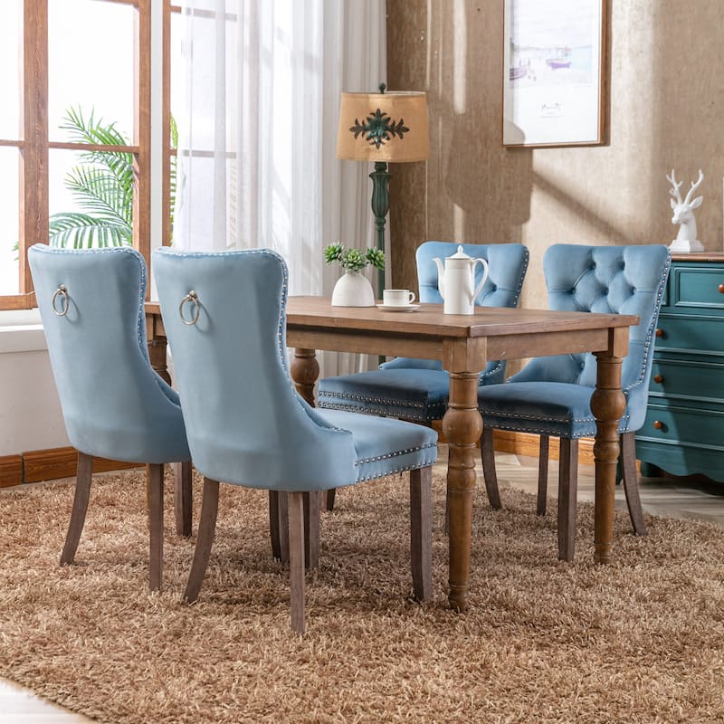 High-end Tufted Solid Wood Contemporary Velvet Upholstered Dining Chair with Wood Legs Nailhead Trim 2-Pcs Set