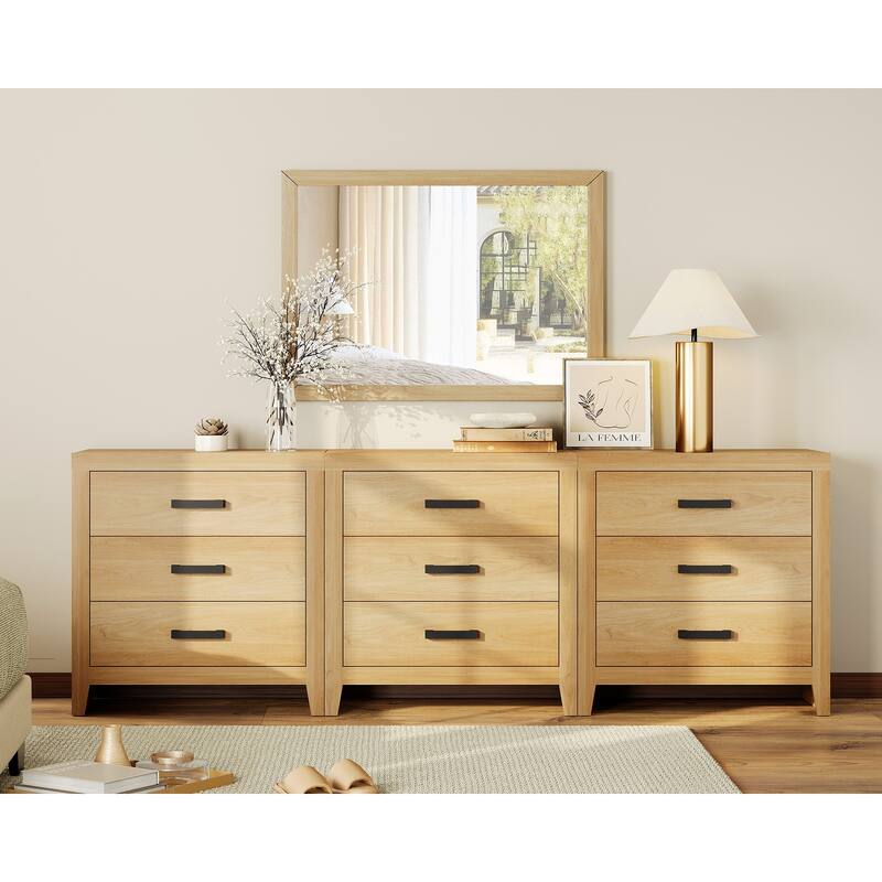 WAMPAT Farmhouse 3-Drawer Dresser, Wooden Chest of Drawers, Modern Storage Organizer & Nightstand for Bedroom, Living Room - Oak - 9-drawer