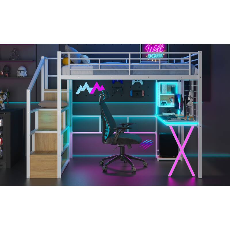 Full Size Metal Loft Bed with Desk, LED-Lit Shelves, Built-in Wardrobe, and Storage Stairs, Workstation Combo for Kids or Teens
