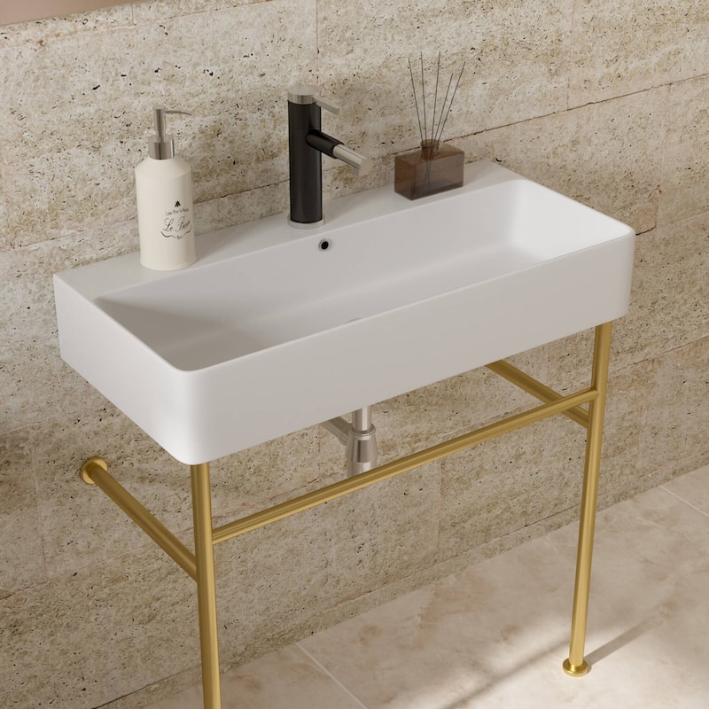 Dornberg 35" Bathroom Ceramic Console Sink White Basin and Legs with Overflow - White Basin Gold Legs