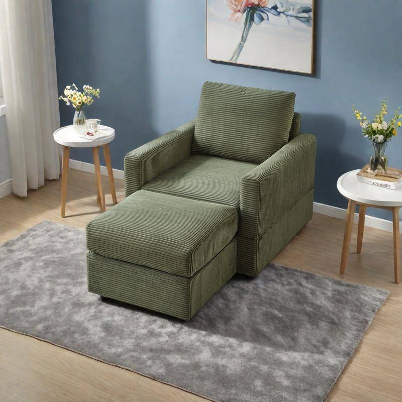 Corduroy Chaise Lounge Set with Ottoman and Adjustable Backrest - Green