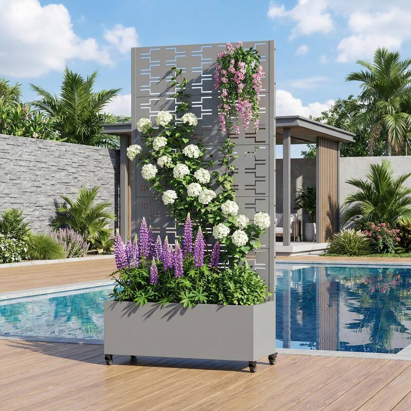 Metal Planter Box with Trellis Privacy Screen Planter Box with Lockable Wheels - Grey-Rectangle - 72"x35"