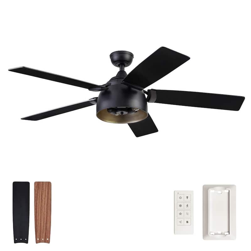 52" Prominence Home Octavia Matte Black Industrial Style LED Ceiling Fan with Light, Remote Control