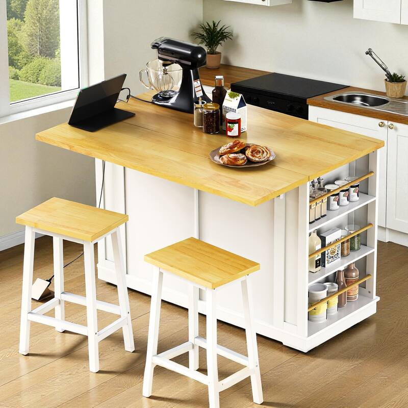 48" Kitchen Island with Drop Leaf & Power Outlet, Rolling Storage Cart with Internal Racks, Drawers & Shelves