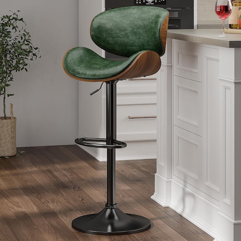 Bar Stools Adjustable Height Swivel Faux Leather Armless Barstools - Single - Green - Adjustable