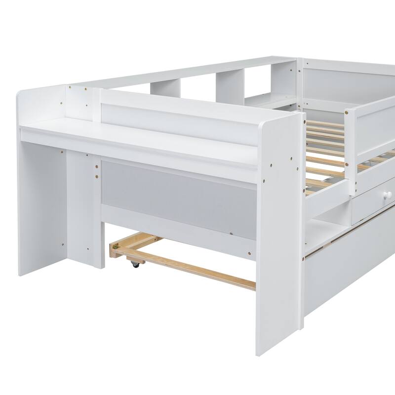 Twin Daybed with Trundle, Headboard Storage, Desk, Drawers, and USB Charging Station, Sturdy Wood Frame, No Box Spring Needed