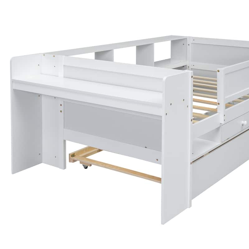 White Multifunctional Twin Daybed with Headboard Storage, Drawers, and Trundle