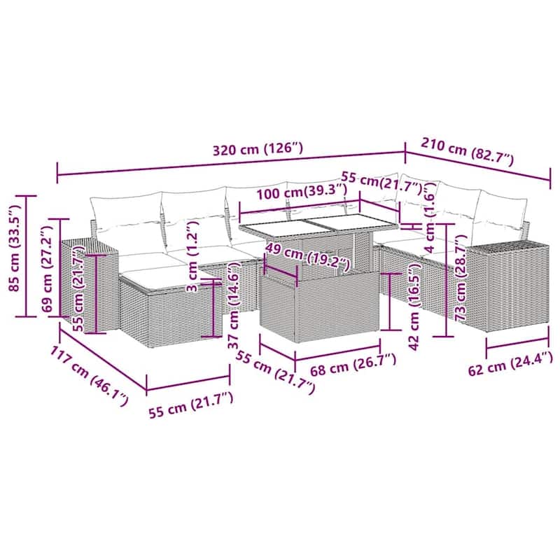 vidaXL Patio Sofa Set with Cushions Table and Couches 9 Piece Poly Rattan - 24.4" x 24.4" x 27.2"
