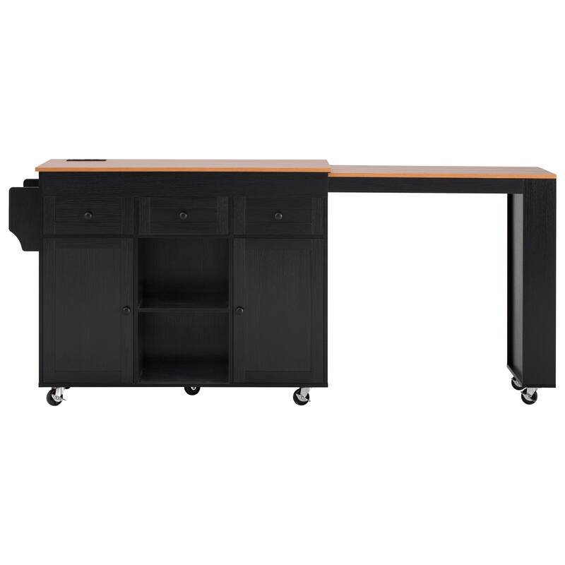 Roomfitters 85.5" Rolling Kitchen Island with 40.9" Extendable Dining Table, Power Outlet, 3 Drawers & 2 Doors