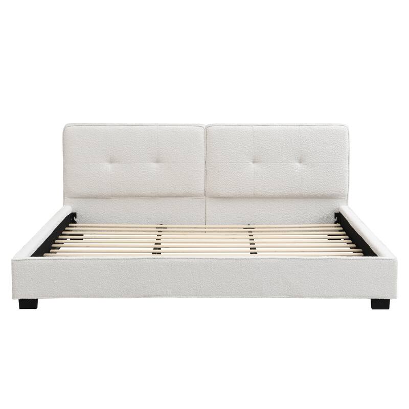 Roomfitters King Size Boucle Upholstered Platform Bed with Curved Tufted Headboard and Soft Corners, Beige