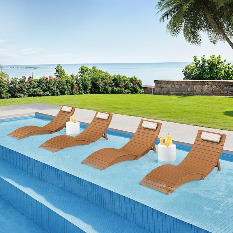 3-Piece Folding HDPS Plastic Outdoor Pool Chaise Lounges with Headrest Cushion - Teak