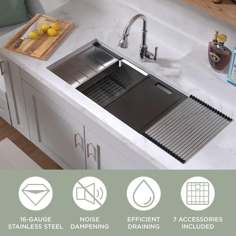 Whitehaus Undermount Single Bowl 16 Gauge Brushed Stainless Steel Workstation Sink With Accessories