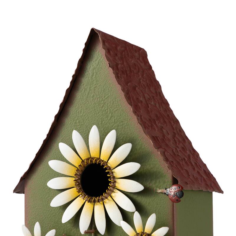 Glitzhome 52.5''H Blue Green Metal Sunflower Decorative Garden Birdhouse with Stake