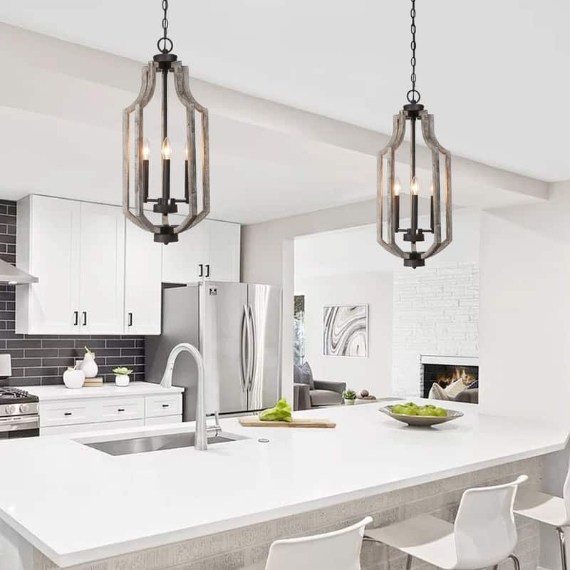 Farmhouse 3-Light Distressed Wood Lantern Pendant Island Lights for Dining Room - D12.7"x H 27.5" - D12.7"x H 27.5" - Taupe
