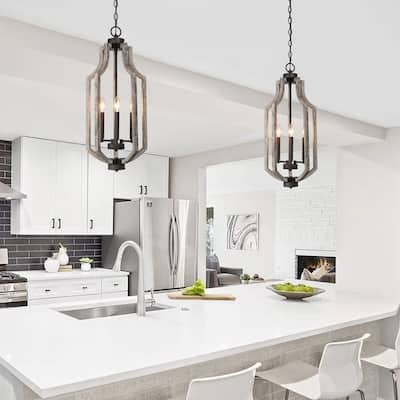 Farmhouse 3-Light Distressed Wood Lantern Pendant Island Lights for Dining Room - D12.7"x H 27.5"