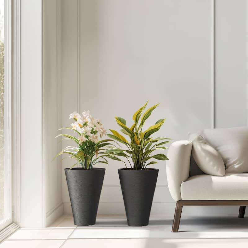 Black Tall Plastic Round Plant Pots / Large Indoor and Outdoor Flower Planters, 2 Piece Set - 2 Piece Set (18 Inch High) - Charcoal Black