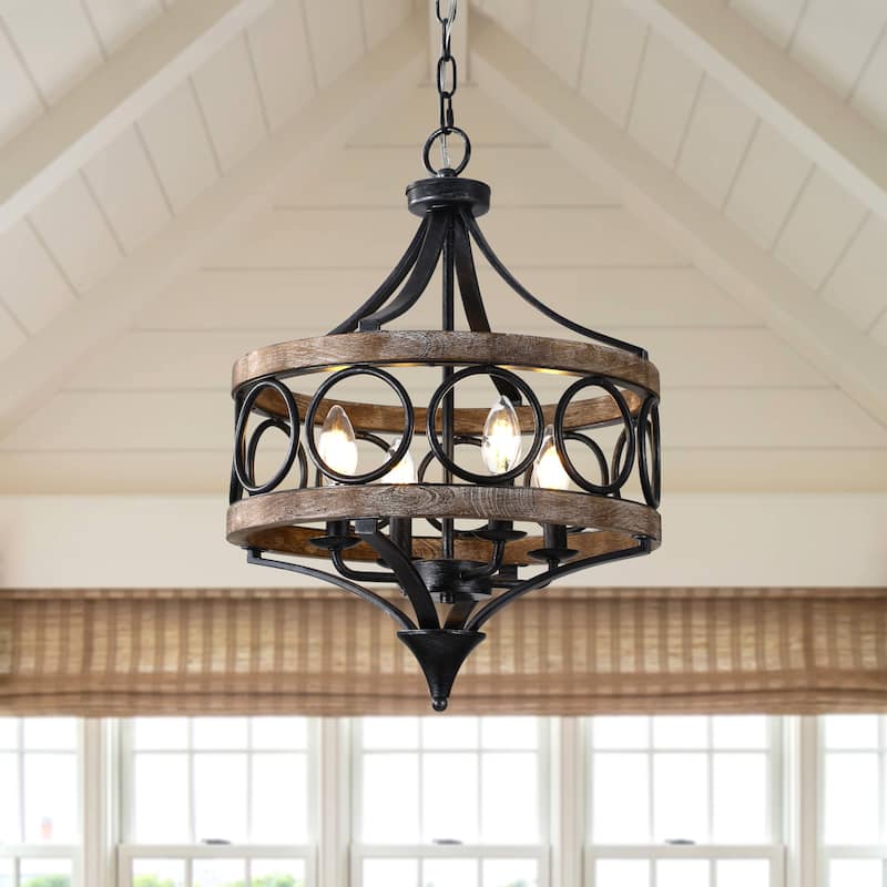 Cusp Barn 4-Light Farmhouse Drum Wood Chandelier, 16'' Rustic Pendant Light, Round Metal Hanging Light Fixture for Dining Room