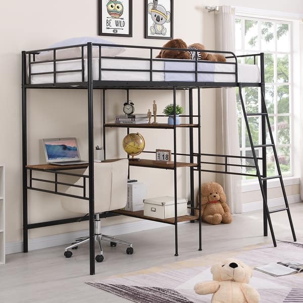 slide 2 of 28, Twin Metal Loft Kids Bed Frame with Desk, Shelves, and Guardrails, Black Black
