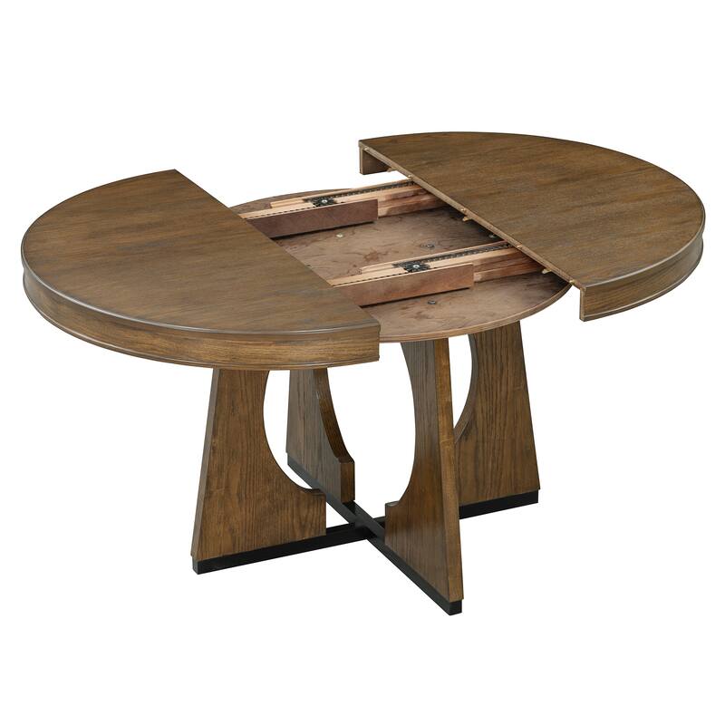 5 Piece Dining Table Set, Extendable Dining Table Set, Round Table with Wooden Tabletop and 4 Upholstered Chairs