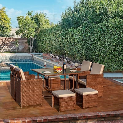 EROMMY 5-Piece Space Saving Dining Set Outdoor with Wicker Rattan Chairs