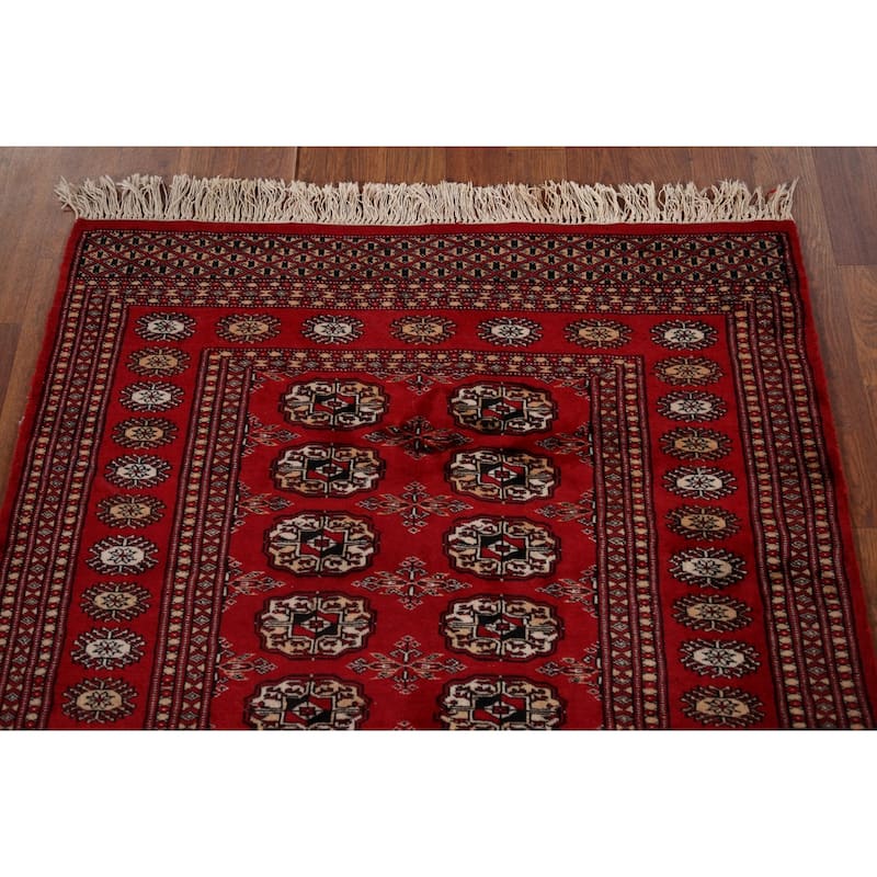 Red Geometric Bokhara Vintage Accent Rug Hand-Knotted Wool Carpet - 3'2" x 5'1"