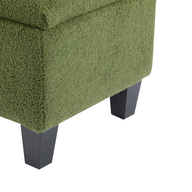 Ottoman Bench with Storage, Green Boucle Surface, Rubber Wood Legs, 300 lbs Capacity