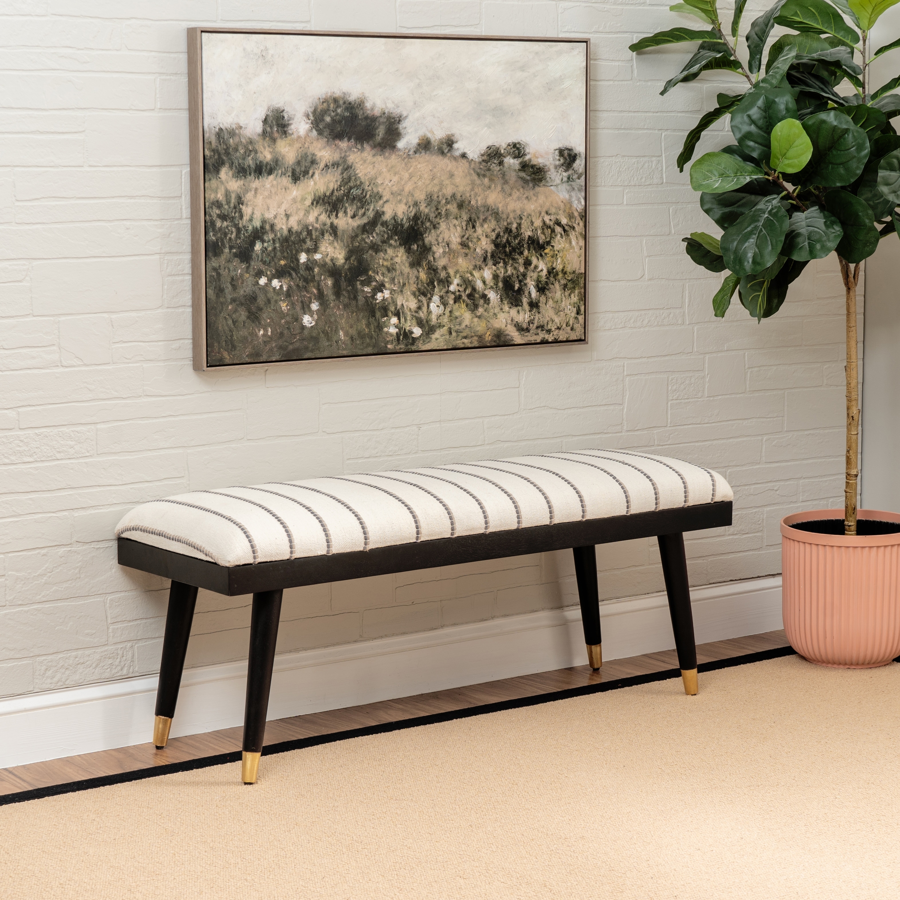 Linon Conlan Cream and Black Upholstered Solid Mango Wood Black Bench