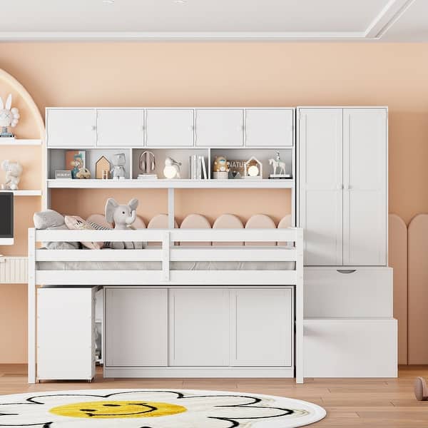slide 2 of 13, Full Size Wooden Loft Bed w/Wardrobe & Desk, Drawers & Shelves, White White