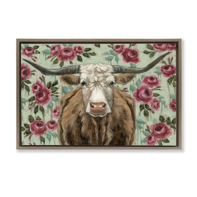 Stupell Longhorn with Magenta Blooms Framed Floater Canvas Wall Art Design By Sara G. Designs - 31 x 21 - Brown