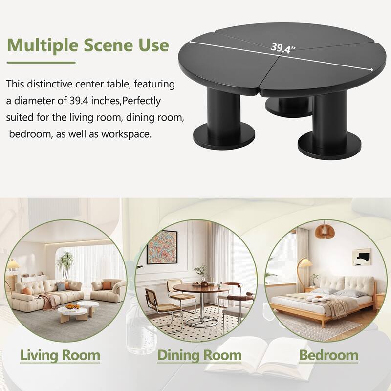 39.4" Round Petal-Shaped Coffee Table with 3 Thick Legs and Sleek Round Edges