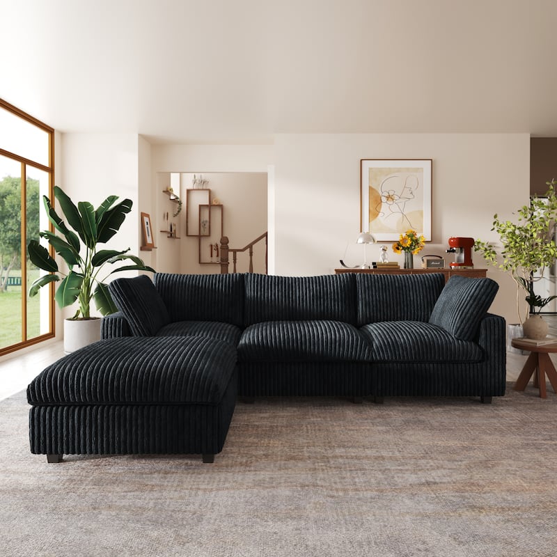 Large L-shape Plush Fabrics Upholstery Sectional Sofa Down Filled Cloud Couch - Black